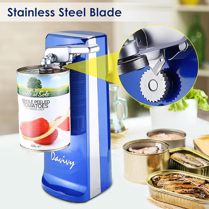 Davivy Electric Can Opener, One Touch Lid Opener, Removable Stainless Steel Cutter and 3-in-1 Design, with Sharpener and Bottle Opener (Blue-ABS)