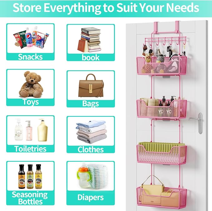 HapiRm Over Door Organizer Storage - Hanging Door Organizer with 4 Metal Large Capacity Baskets and Adjustable Coat Hook for Bathroom Bedroom Kitchen Pantry Closet Cabinet