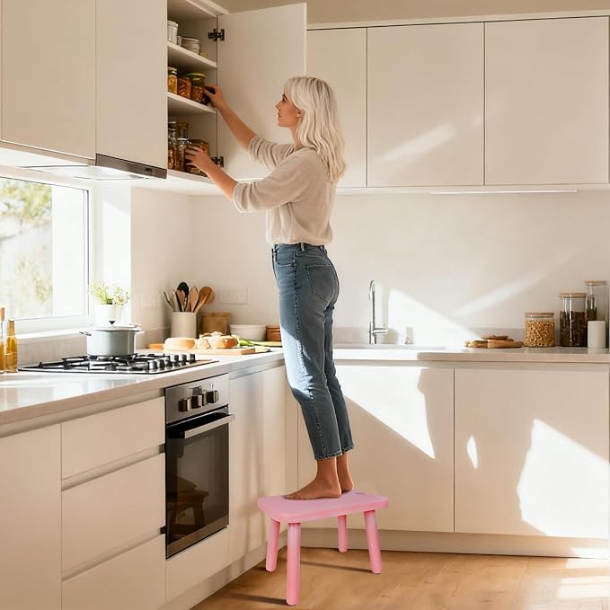 BEE&OAK 13.4 Inch Heavy Duty Wooden Step Stools for Adults - Non Slip, 300 LBS Capacity, Easy Assembly - Ideal Step Stool for High Beds, Kitchen, Bathroom, Office, Garden (Pink)