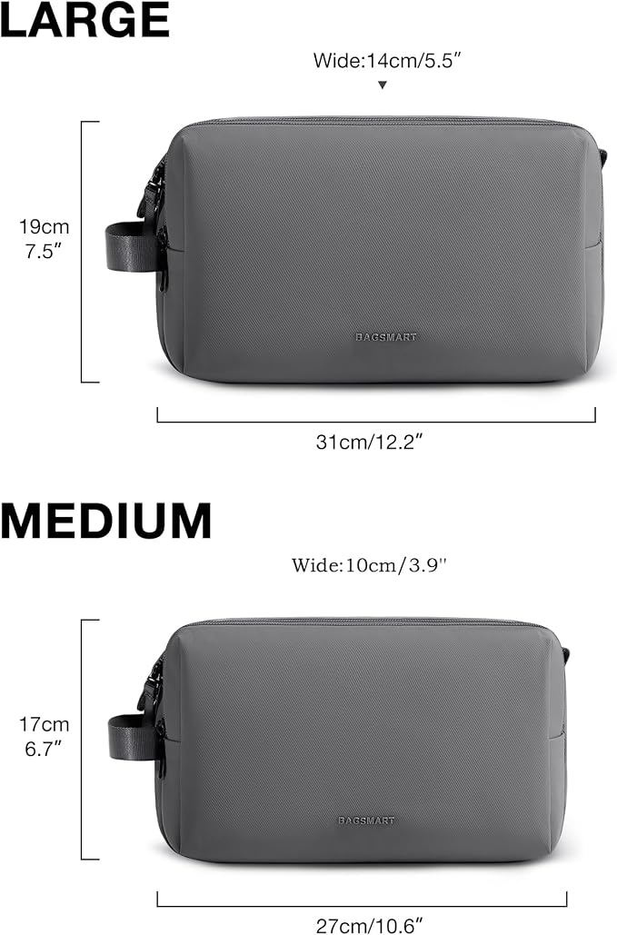 BAGSMART Toiletry Bag for Men, Travel Toiletry Organizer Dopp Kit Water-resistant Shaving Bag for Toiletries Accessories, Door Room Essentials,Grey-medium