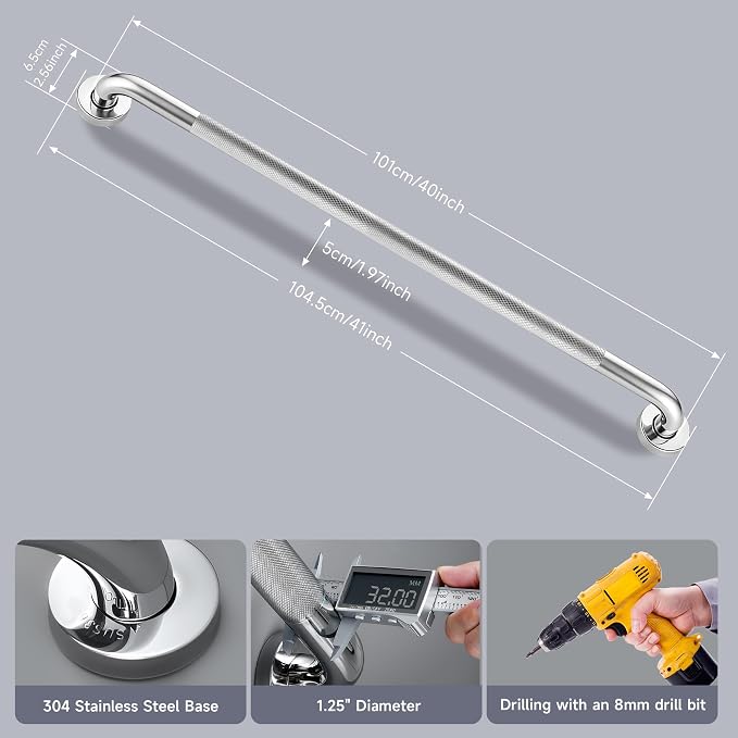 40 Inch Shower Grab Bar 1.25" Dia, 2 Pack Nickel Anti Slip Bathroom Grab Bar, 304 Stainless Steel Knurled Handicap Grab Bars, Safety Support Handrail,Bath Shower Handle for Elderly Injury Senior