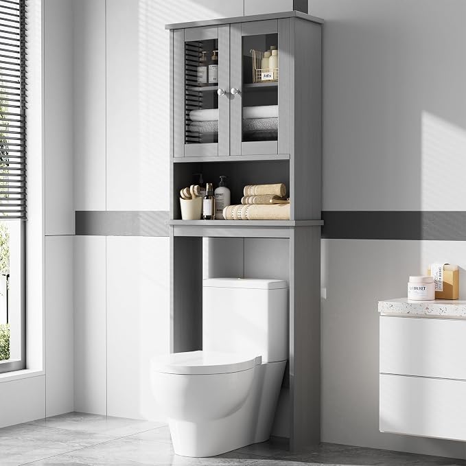 Over the Toilet Storage Cabinet, Bathroom Storage Cabinet Over Toilet, Space Saver with 2 Tempered Glass Doors, Grey
