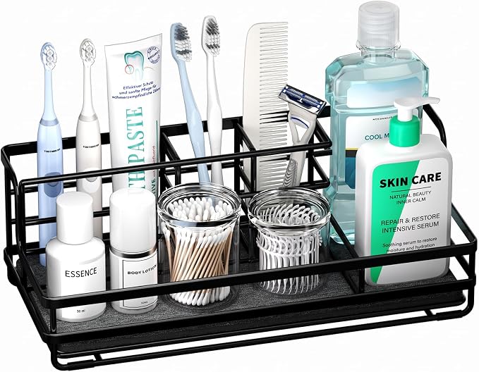 HapiRm Toothbrush Holders for Bathroom - 5 Partitions Bathroom Counter Organizer with Instant Drying Stone, Stainless Steel Countertop Storage Electric Toothbrush Toothpaste Holder - Black(Large)