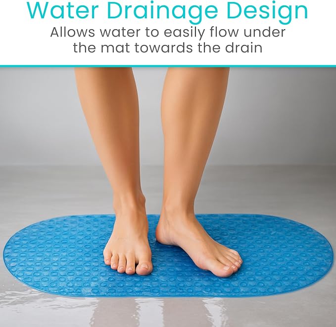 Vive Oval Bathtub Mat - Nonslip Shower Floor Pad - Non-Slip and Non-Skid for Bath Tub with Strong Rubber Suction Cup Grip - for Baby, Elderly, Kids, Bathroom (Blue)