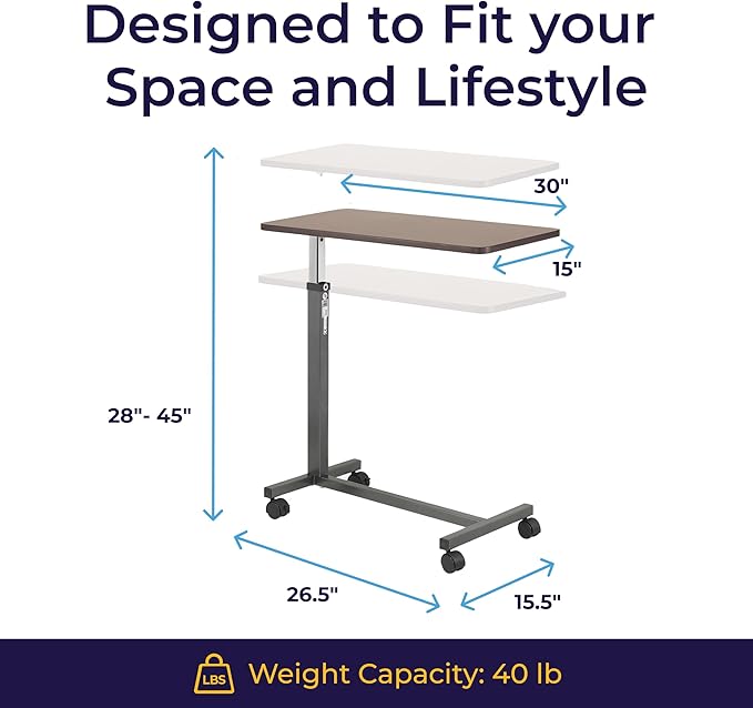 Drive Medical Overbed Table with Wheels - Secure Height Adjustment for Comfort - Non Tilt Surface - Smooth Rolling Design - Home & Hospital Use - Woodgrain Laminate Top - Silver Vein