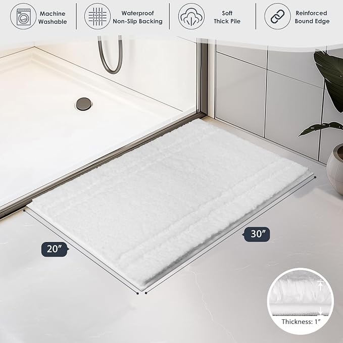 PURRUGS Bathroom Rug Non-Slip Machine Washable 20" x 30", Super Absorbent and Quick Dry Shaggy Microfiber Bath Mat, Extra Soft and Plush Bath Rug for Bathtub, Shower, and Sink, White