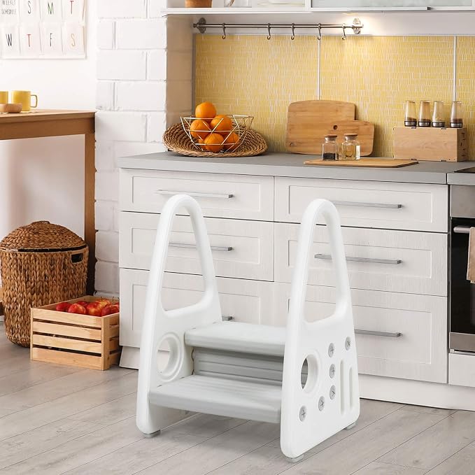 Costzon Kids Step Stool, Toddler Step Ladder for Toilet Potty Training, Kitchen Counter, Bathroom, Two Step Tower w/Non-Slip Design, Safety Handles, 110 Lbs Weight Capacity (Grey)