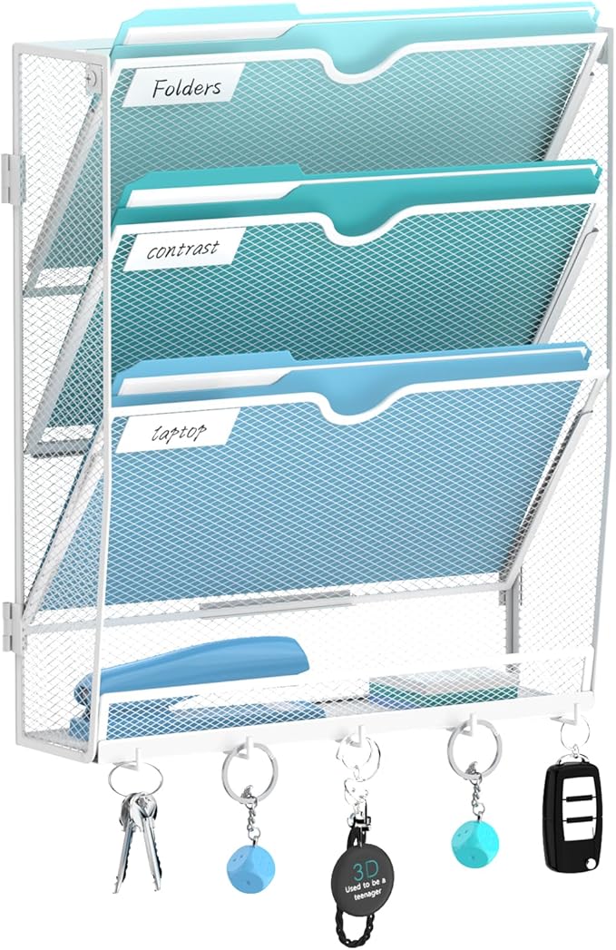 Wall File Organizer - Hanging File Organizer with 5 Hooks, Mail Holder Wall Mounted for Papers, Folders, Magazines, Bills, 4 Tier Office&School Organization, White