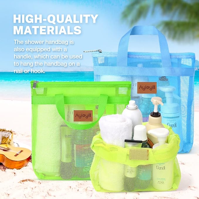 3 Pcs Portable Mesh Shower Caddy Tote, Quick Dry Tote Bag Mesh Beach Bags for Women, Hanging Toiletry and Bath Organizer for Travel Swimming Sports Gym Camp Shopping College Dorms (Blue Green Yellow)