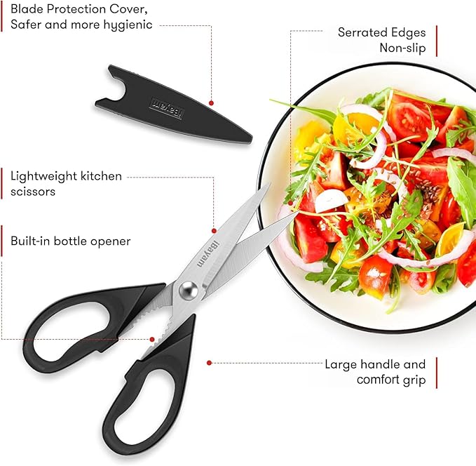 iBayam All Purpose Kitchen Shears with Protective Sheath Durable Stainless Steel Scissors, Dishwasher Safe, Soft Grip Comfort Handle