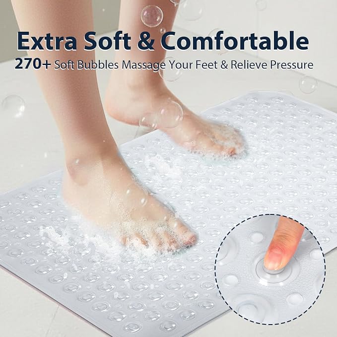 Large Shower Mat 21.5x33.5 Inch Clear, Soft Non Slip Shower Mats for Inside Shower with Big Suction Cups Drain Holes, Extra Large Bath Bathtub Mat Floor Stall Mats, BPA-Free, Easy Clean