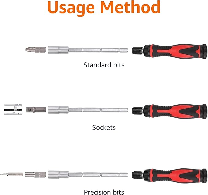 Amazon Basics Magnetic Ratcheting Wrench and Electronics Precision Screwdriver Tool Set, 73-Piece, with Carry Case for Household Repair, Small Jobs, Eyeglasses, Black/Red/Silver