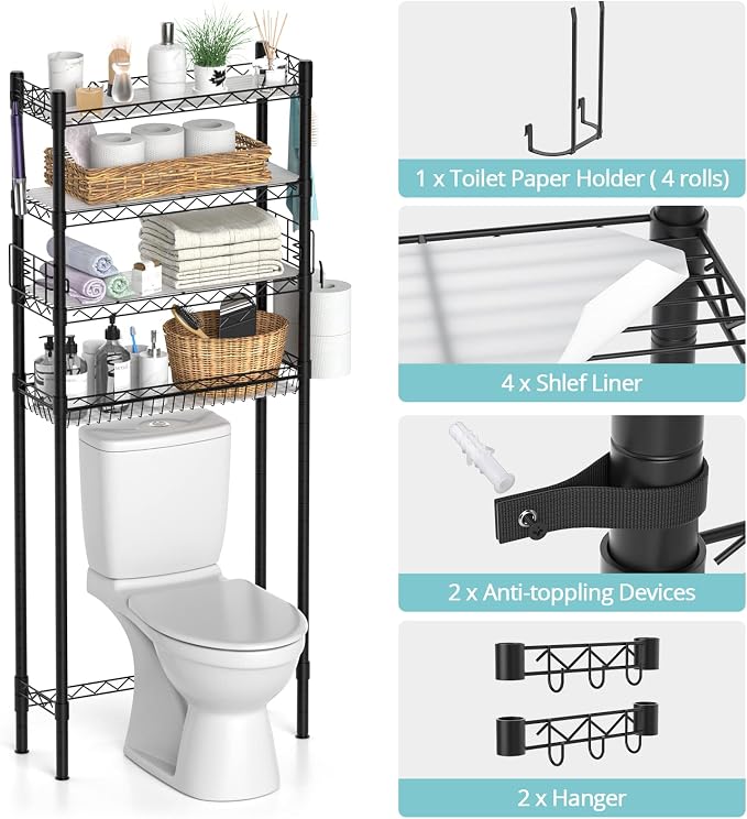 Hodonas Over Toilet Bathroom Organizer, Adjustable 4-Tier Over the Toilet Storage Shelf Sturdy Bathroom Shelves, Freestanding Above Toilet Storage Rack Stable Bathroom Space Saver, Black