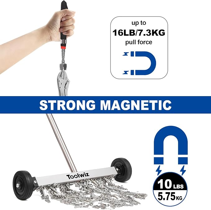Toolwiz 15" Rolling Magnetic Sweeper 10lbs, with 16 lbs Telescopic Magnetic Pick Up tools –Lightweight Pick-up Sweeper with Wheels for Nails, Screws & Metal Debris Home Use Workshop Garage