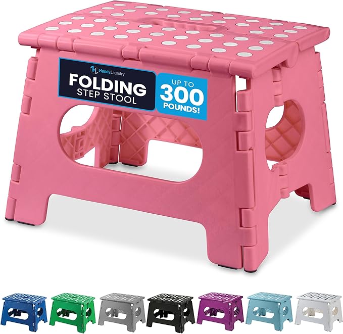 Handy Laundry Folding Lightweight Step Stool - Sturdy Enough to Support Adults - Opens Easy with One Flip - Great for Kitchen, Bathroom or Bedroom (Pink - 9 Inch)