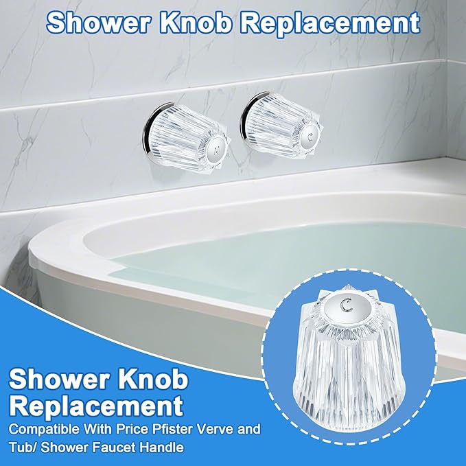 2 Piece Shower Knob Replacement and Flange Base, Clear Acrylic Plastic Hot and Cold Shower Knob Compatible with Price Pfister Contessa and Windsor Bathtub Shower Faucet Handle