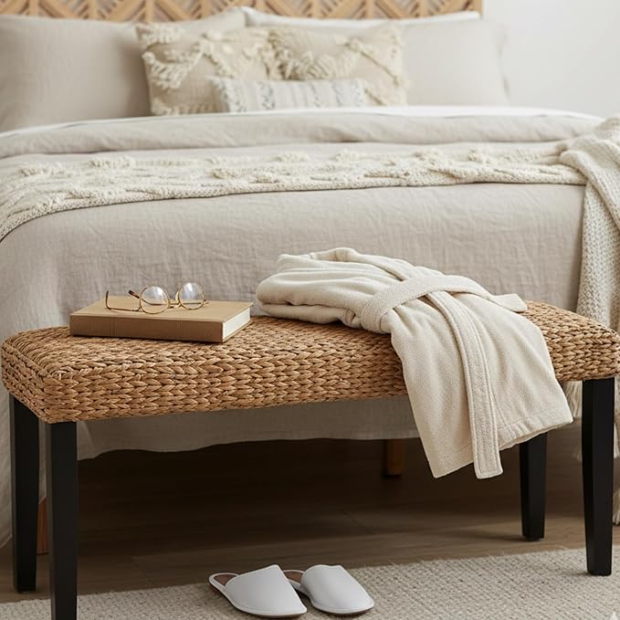 Entryway Bench with Solid Wood Acacia, 47" End of Bed Bench for Bedroom, Water Hyacinth Indoor Bench Seat, Boho Woven Bench for Living Room, Wicker Bench for Hallway or Kitchen, Wood Bench (Black Leg)
