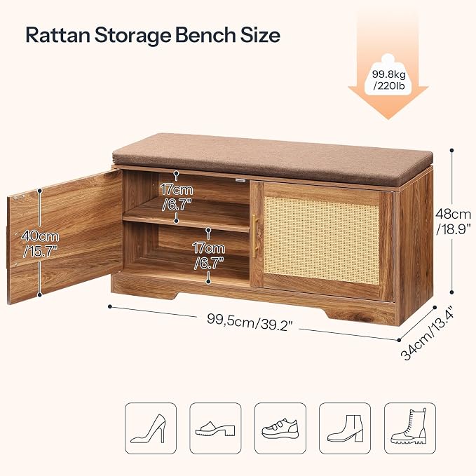 HOOBRO Faux Rattan Shoe Storage Bench with Cushion, Boho Entryway Bench with 2 Doors and Adjustable Shelves, Pet-Proof Hidden Shoe Cabinet for Hallway, Living Room, 39.2" L, Natural, CE53HX01