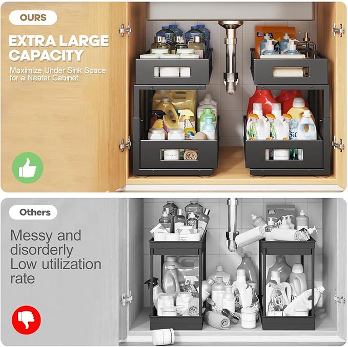 2 Packs 17IN Depth Under Sink Organizer, 2-Tier Pull Out Cabinet Organizer With Smooth Circular Rail, Large Capacity Metal Mesh Sliding Drawers For Bathroom& Kitchen Storage,Height Adjustable –Black