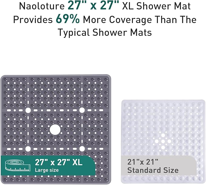 Large Square Shower Mat 27 x 27 Inch Gray, Non Slip Shower Bathtub Mats for Inside Shower with Big Suction Cups Drain Holes, Anti Slip Bathroom Floor Shower Stall Mats, Easy Clean, BPA-Free