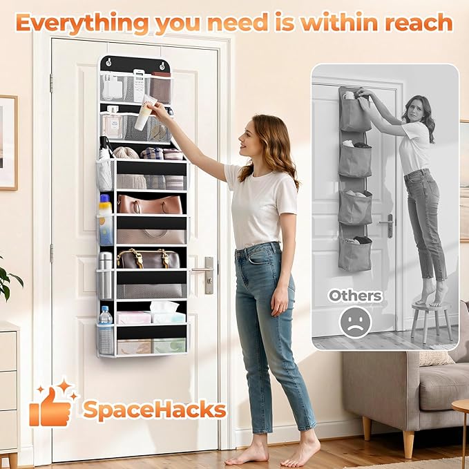 SpaceHacks 6-Tier Over the Door Organizer with Mesh Pockets, Baby Nursery Storage for Closet, Bathroom and Bedroom, Adjustable Hanging Closet Organizer for Cosmetics, Books and Essentials (Black)