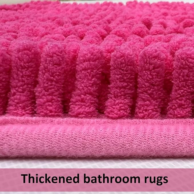 Deep Pink Plush Bath Set - 3 Piece Anti-Slip Mats, Soft Chenille Shaggy Mat for Bathroom, Bedroom & Living Room, Water Absorbent