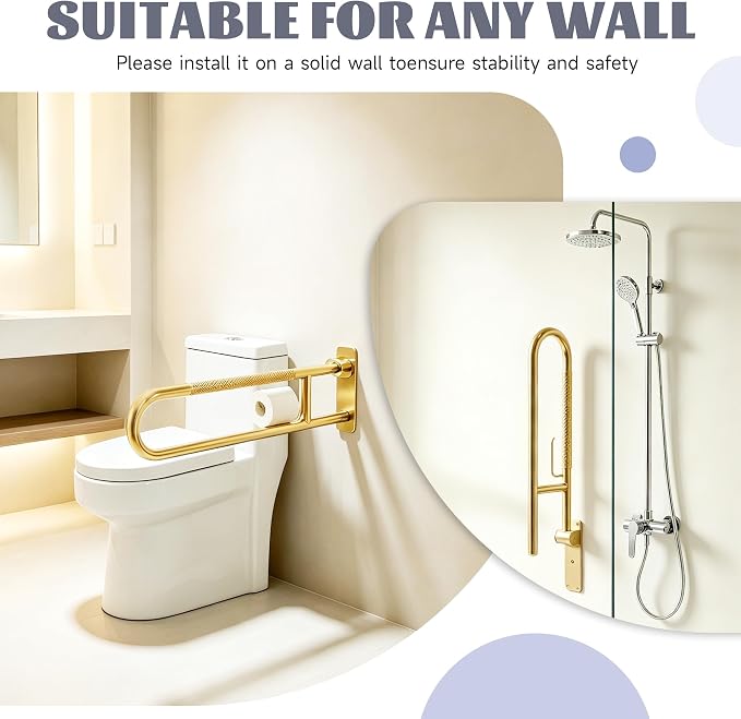 22.5 Inch Toilet Grab Bar, HUAS Gold Anti Slip Bathroom Toilet Safety Rails, U Shaped Flip-Up Handicap Grab Bars w/Paper Holder, Stainless Steel Support Handrail for Elderly Disabled Senior