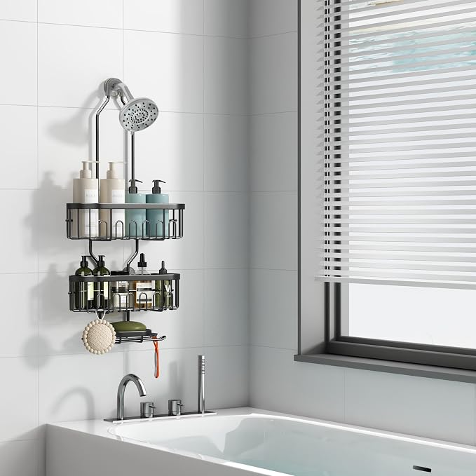 CICUFY Shower Caddy Hanging, Rustproof Bathroom Shower Organizer Hanging, No Drilling Over the Shower Head Caddy with Hooks for Razor, Shower Shampoo Holder with Soap Basket, Black