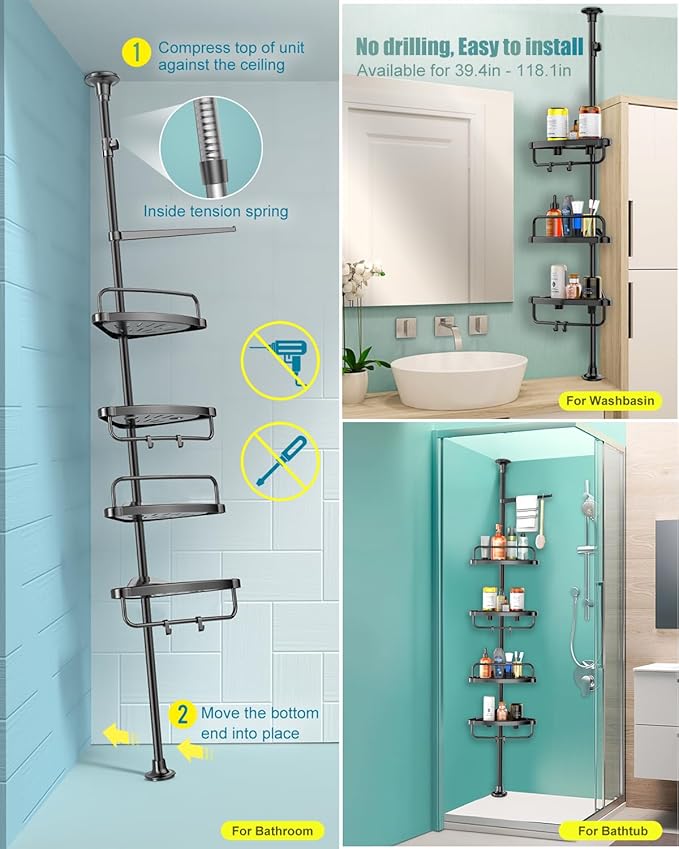 ADOVEL 4 Layer Corner Shower Caddy, Stainless Steel Constant Tension Pole Shower Organizer, Adjustable Corner Shower Shelf, Rustproof 3.3 to 9.8 ft