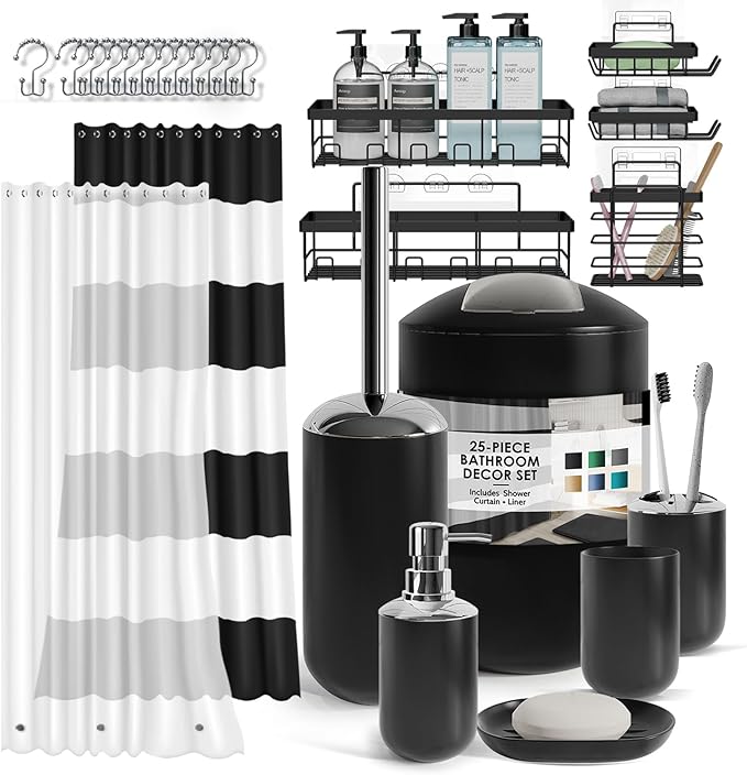 Clara Clark Bathroom Accessories Set - Bathroom Set with Adhesive Corner Shower Caddy Hanging, 25PC Bathroom Accessory Set, Black Shower Curtain Set, Toilet Brush, Trash Can & Soap Dispenser