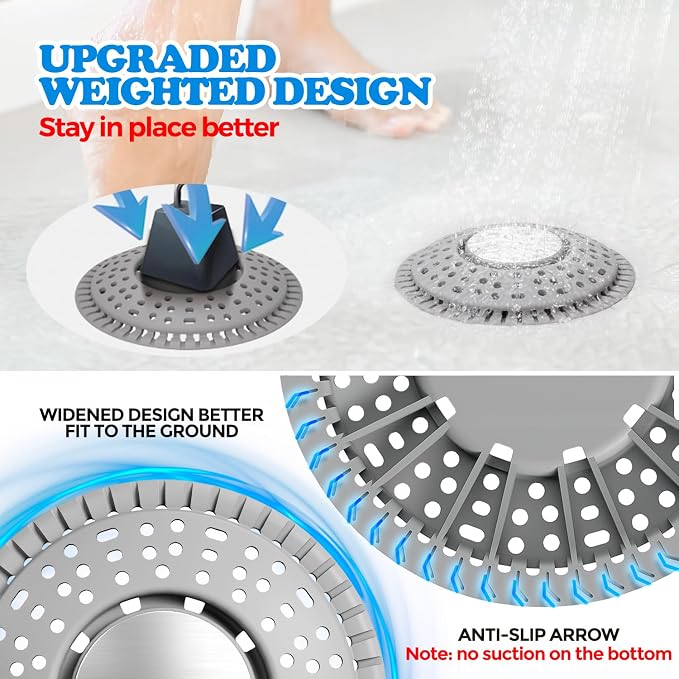 zaa Shower Drain Hair Catcher - Drain Protector & Shower Drain Cover for Regular Floor Drains of Shower Room, Bathroom, Upgraded 2Pack Premium Silicone & 304 Stainless Steel, Gray