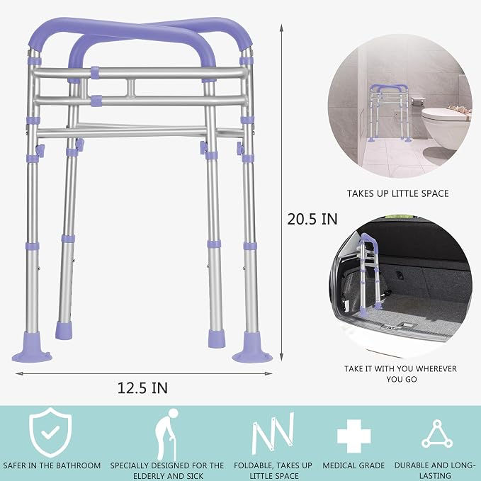 Lianjindun Toilet Safety Rails (350 lb), Adjustable Toilet Frame for Elderly, Seniors, Handicap & Disabled, Foldable Handicap Toilet Handles Fit Any Toilets（Purple）