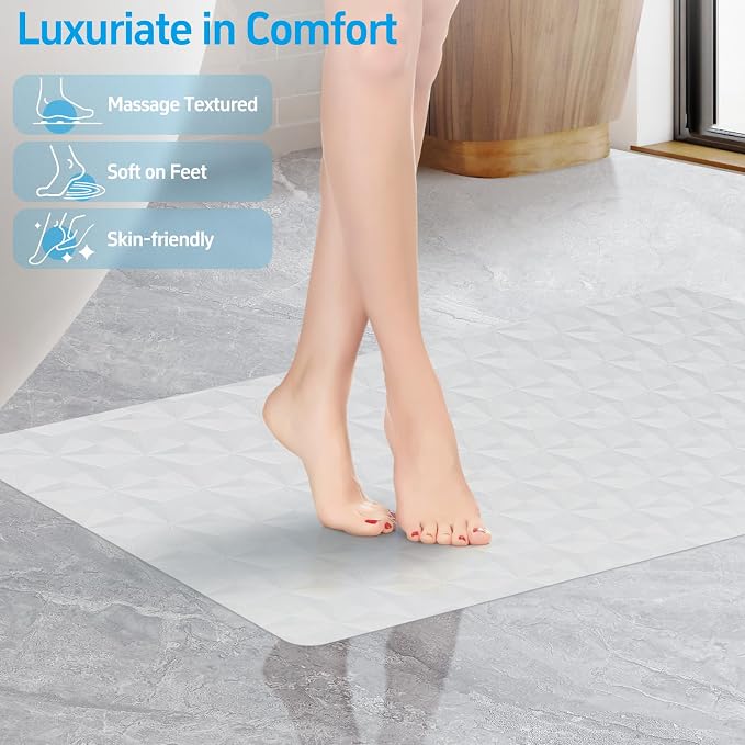 Non Slip Bathtub Mat for Bath Tub Shower Safety - Natural Rubber Mat with Suction Cups ＆ Drain Holes - BPA/PVC Free Large Bathroom Mat - Machine Washable - Unique Diamond Pattern - 17 × 35 Inch