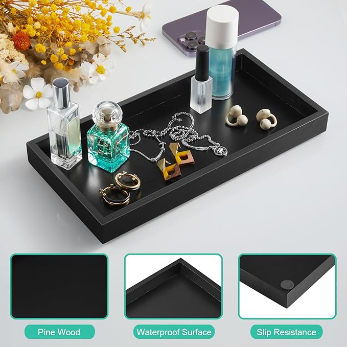 ALELION 13" Bathroom Vanity Tray for Counter - Black Wood Tray for Toilet Tank Makeup Perfume Jewelry Catchall Coffee Table - Wooden Kitchen Countertop Organizer for Soap Dispenser