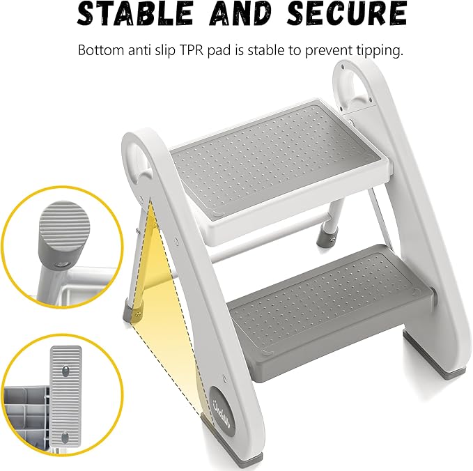 UNCLE WU Foldable Step Stool for Toddlers (10.6" High) - Portable Mini 2-Step Steel Frame Stool for Bathroom Sink, Potty Training & Kitchen - Anti-Slip, Space Saving Travel Size, Supports 200lbs