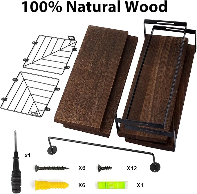 Fixwal Wall Mounted Bathroom Shelves Over Toilet, Rustic Wood Floating Shelves with Metal Frame and Towel Bar for Bathroom, Kitchen, Bedroom, Living Room (3 Plus 1 Dark Brown)