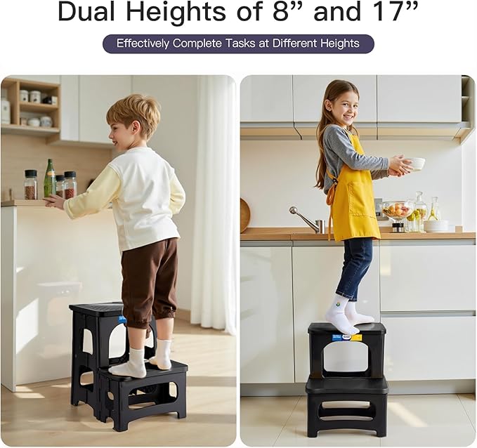 Korpai Folding 2 Step Stools,8" & 17" Dual Heights,Folding Step Hold up to 250 lbs,Step Stools for Adults and Kids,Step Stool for Dorm Bed,Kitchen Bedroom Office,Truck ect,Black