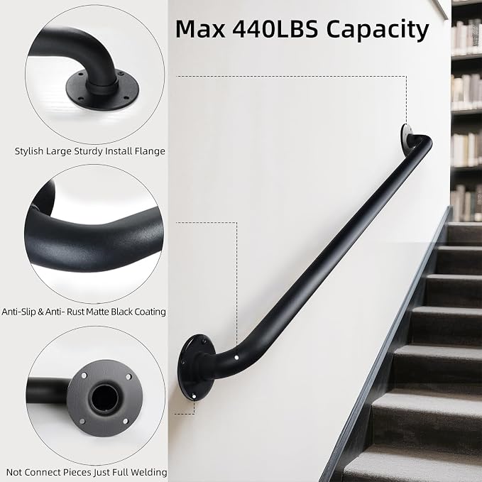 2FT Black Wall Mount Hand Rails for Indoor Stairs, 24 Inch Interior Staircase Handrail, Outdoor Metal Stair Railing for Exterior Steps, Banister Deck Rails,Safety Grab Bar for Elderly