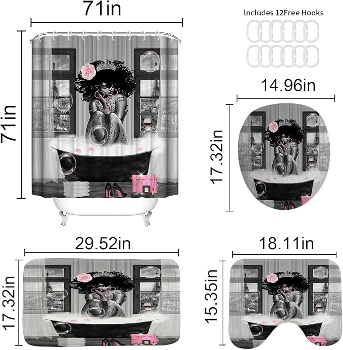 4Pcs African American Shower Curtain Sets with Rugs, Black Girl Shower Curtain for Bathroom Decor Sets with Paris Eiffel Tower Art Pattern, Grey Waterproof juego de baño, with 12 PCS Hooks