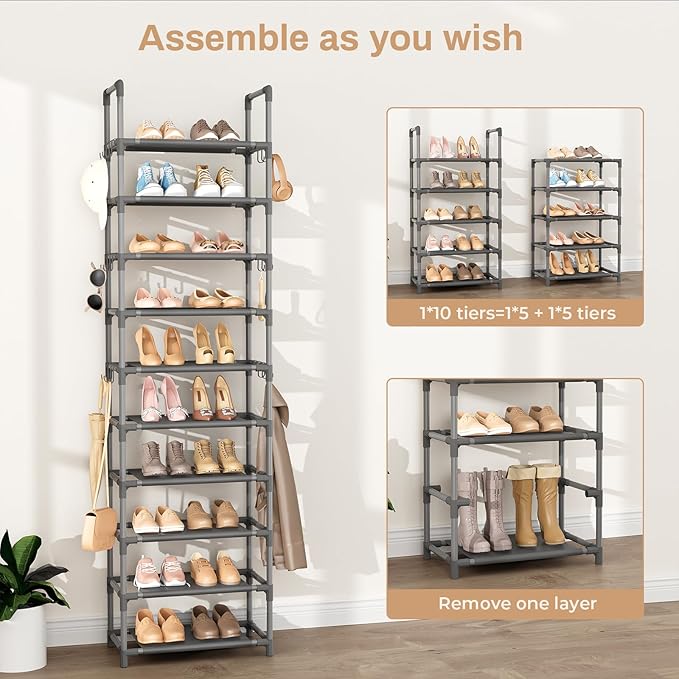 VTRIN 10 Tiers Tall Shoe Rack Holds 20-25 Pairs of Shoes Sturdy Vertical Shoe Organizer with 18pcs Hooks Stackable Narrow Shoe Rack for Closet, Entryway Grey
