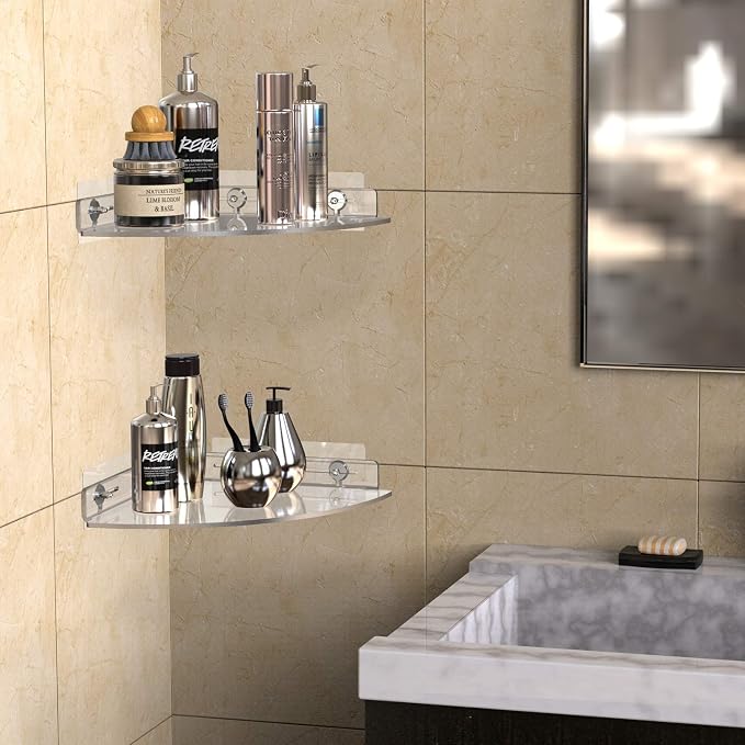 Bakzon Acrylic Corner Shelf 2 Pack, Adhesive Shower Caddy, 0.12" Thick Shatter-Resistant Clear Bathroom Corner Shelves for Tile Wall, No Drill Renter Friendly, 10×10 Inch, 20 lbs Capacity