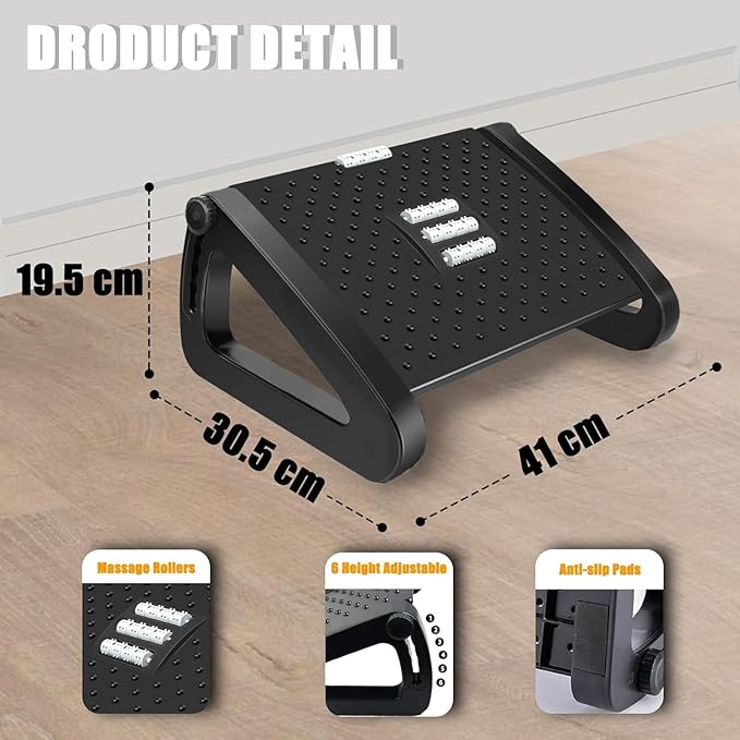 Foot Rest Under Desk Office, Six Heights Adjustable Foot Rest with Massage Roller for Leg Rests for Home,Office-Black