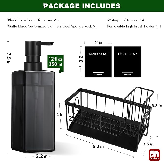 GMISUN Dish Soap Dispenser for Kitchen, 12 fl oz / 350 ml Dual Kitchen Soap Dispensers with Sponge Holder, Transparent Black Glass Kitchen Soap Dispenser Set, Modern Hand and Dish Soap Bottle Set