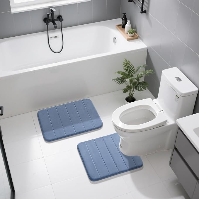 Yimobra U-Shaped Toilet Bath Mat Set 2 Piece - Soft Absorbent Quick Dry Memory Foam Bathroom Rugs, Machine Washable Non Slip Floor Carpet for Tub Shower & Single Sink (17x24 & 24x20, Denim Blue)