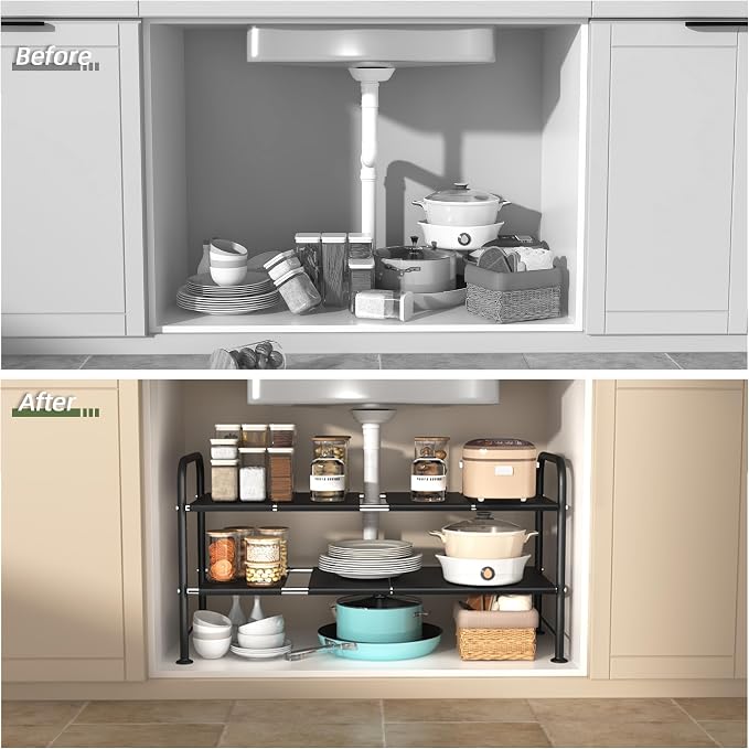 NETEL Under Sink Organizers and Storage,2 Tier Shelf Under Bathroom Sink,Cabinet Organizer with 8 Removable Carbon Steel Panels，Partition Height Adjustable,(27.36-36.02)" W x 12.28" D x 16.93" H
