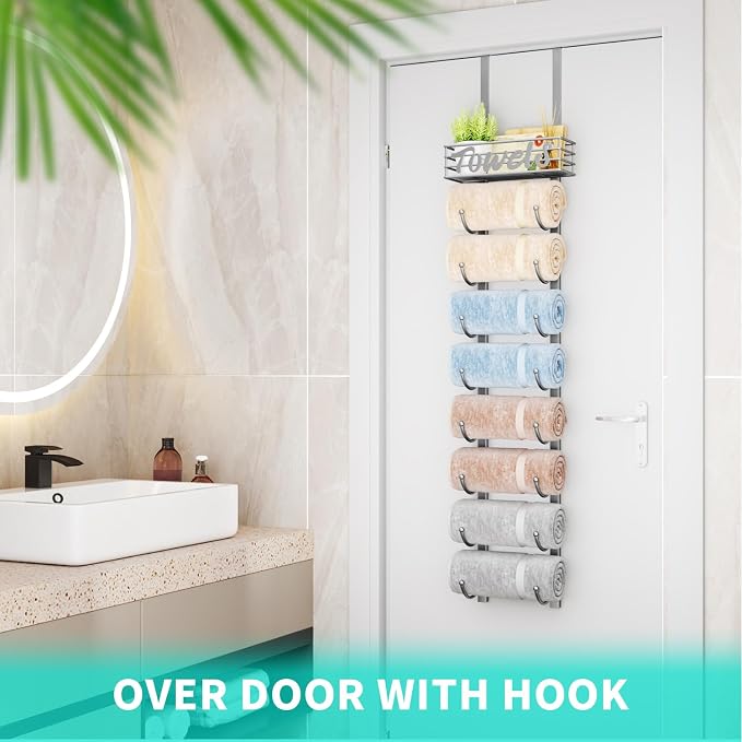 HapiRm Towel Racks for Bathroom Storage - 9 Tier Over The Door & Wall Mount Rolled Towel Storage Organizer Holder with Metal Shelf Basket for Small Bathroom, Camper, Rv - Sliver, Patented