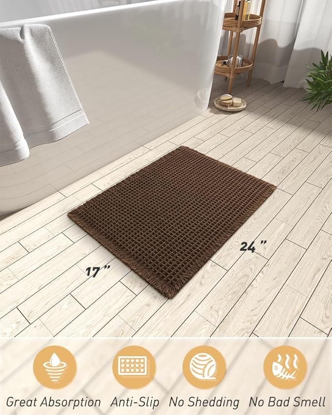 AMOAMI Upgraded Waffle Bath Mat, Super Absorbent Non Slip Bath Mats for Bathroom Floor, Machine Washable Bathroom Rugs with Tassels, Rubber Backed Bathroom Mats, Ultra Soft, 17" x 24",Terracotta