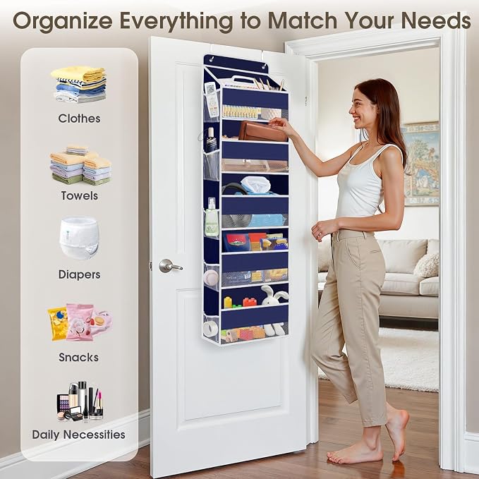 SpaceHacks 1 Pack Over The Door Organizer, Hanging Storage Organizer with Clear Window, 40lb Ultra Sturdy Large Capacity Room Organizer for Pantry Laundry Bathroom Nursery Closet (Blue)