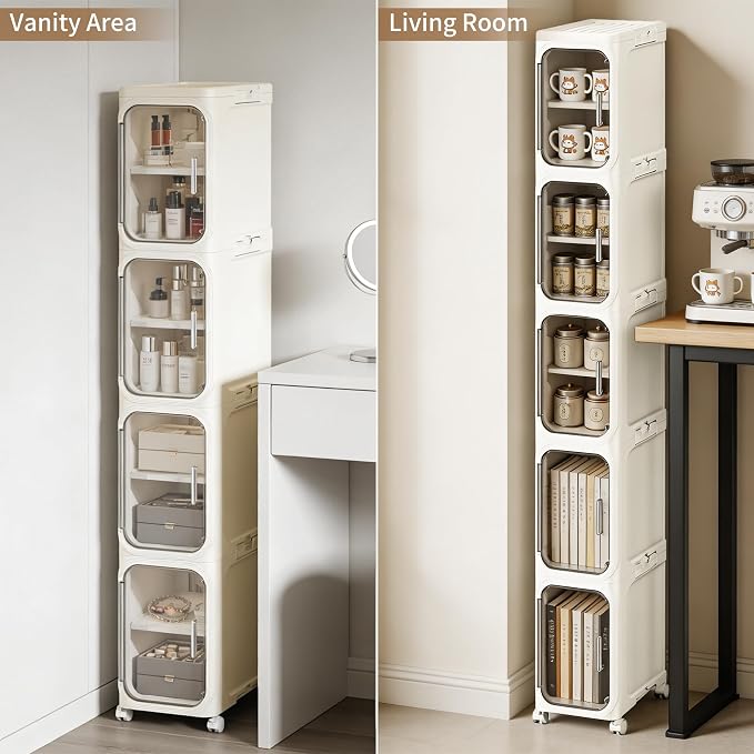 LXLXXL 5-Tier Narrow Storage Cabinet Slim Bathroom Storage Cabinet with Movable Wheels Tall Bathroom Organizer Skinny Cabinet for Small Spaces，Beige