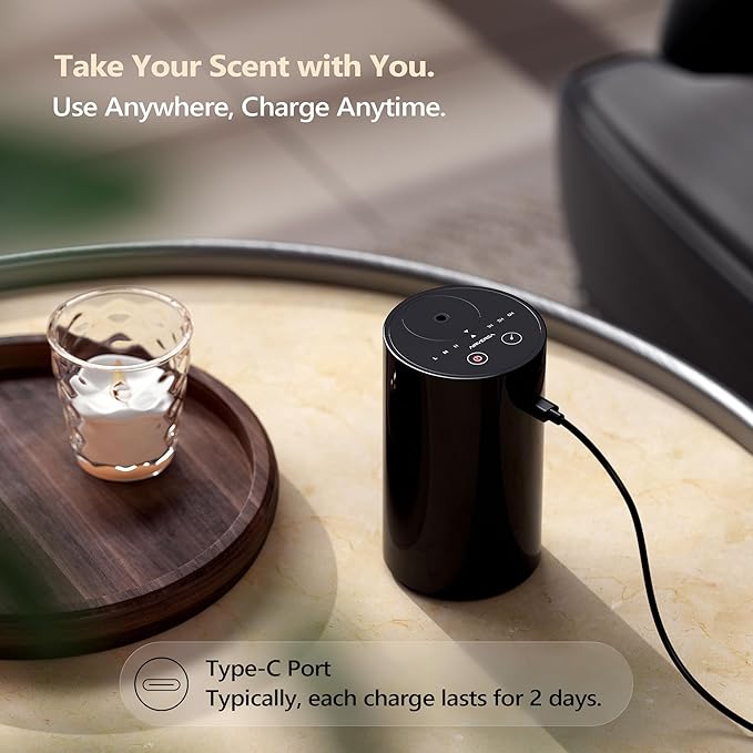Airversa Waterless Essential Oil Diffuser Starter Kit with 2x20mL Hotel Fragrance Oils, Cordless Nebulizer for Car Home Office, Up to 600 sq ft, Mist/Timer Settings, Baterry Operated, AN8Kit-B, White